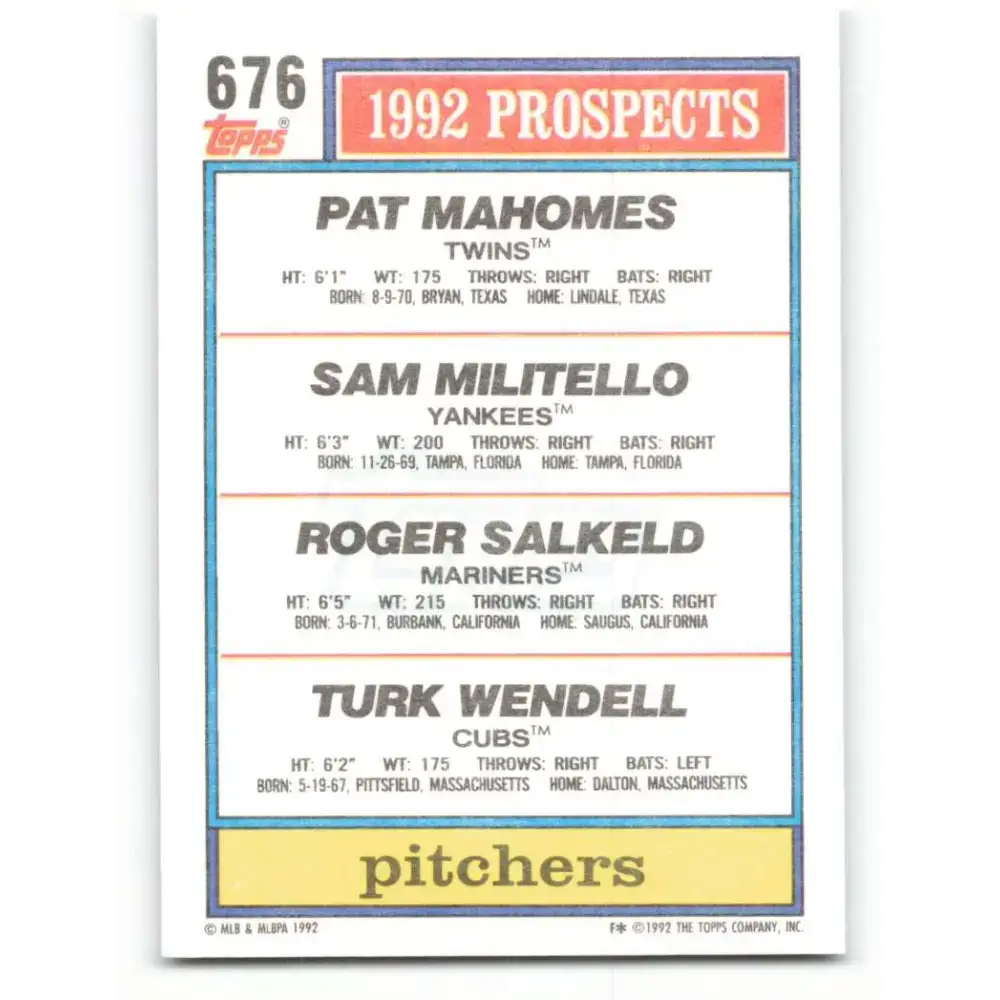 1992 Topps #676 Pat Mahomes/Sam Militello/Roger Salkeld/Turk Wendell NM-MT RC Rookie Minnesota Twins/New York