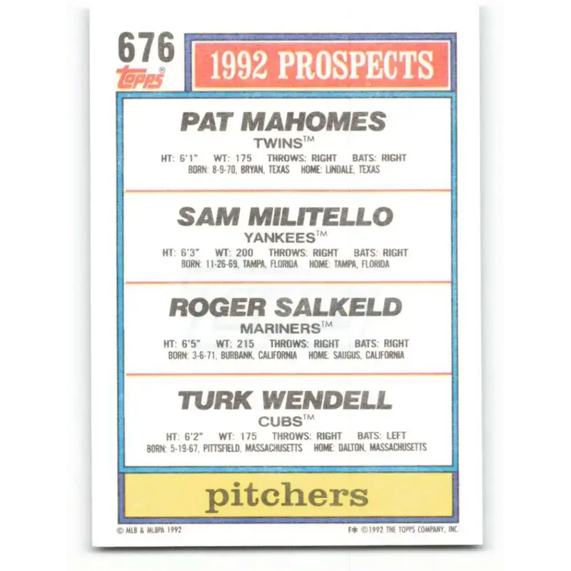 1992 Topps #676 Pat Mahomes/Sam Militello/Roger Salkeld/Turk Wendell NM-MT RC Rookie Minnesota Twins/New York