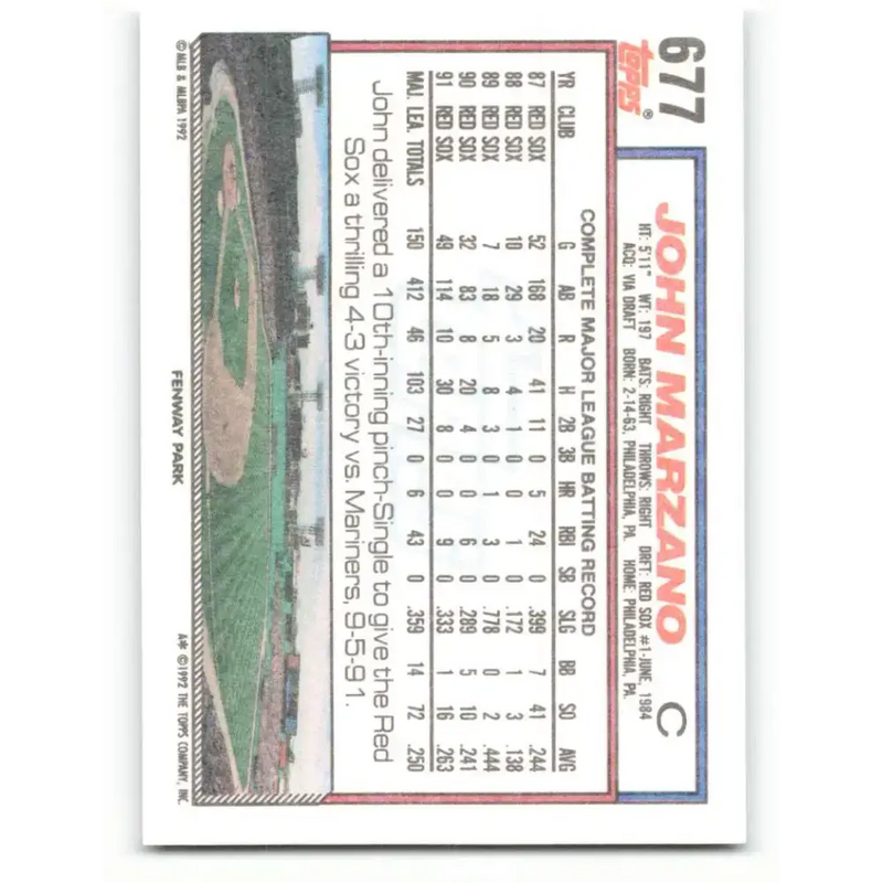 1992 Topps #677 John Marzano NM-MT Boston Red Sox Baseball Card - Baseball Card Single