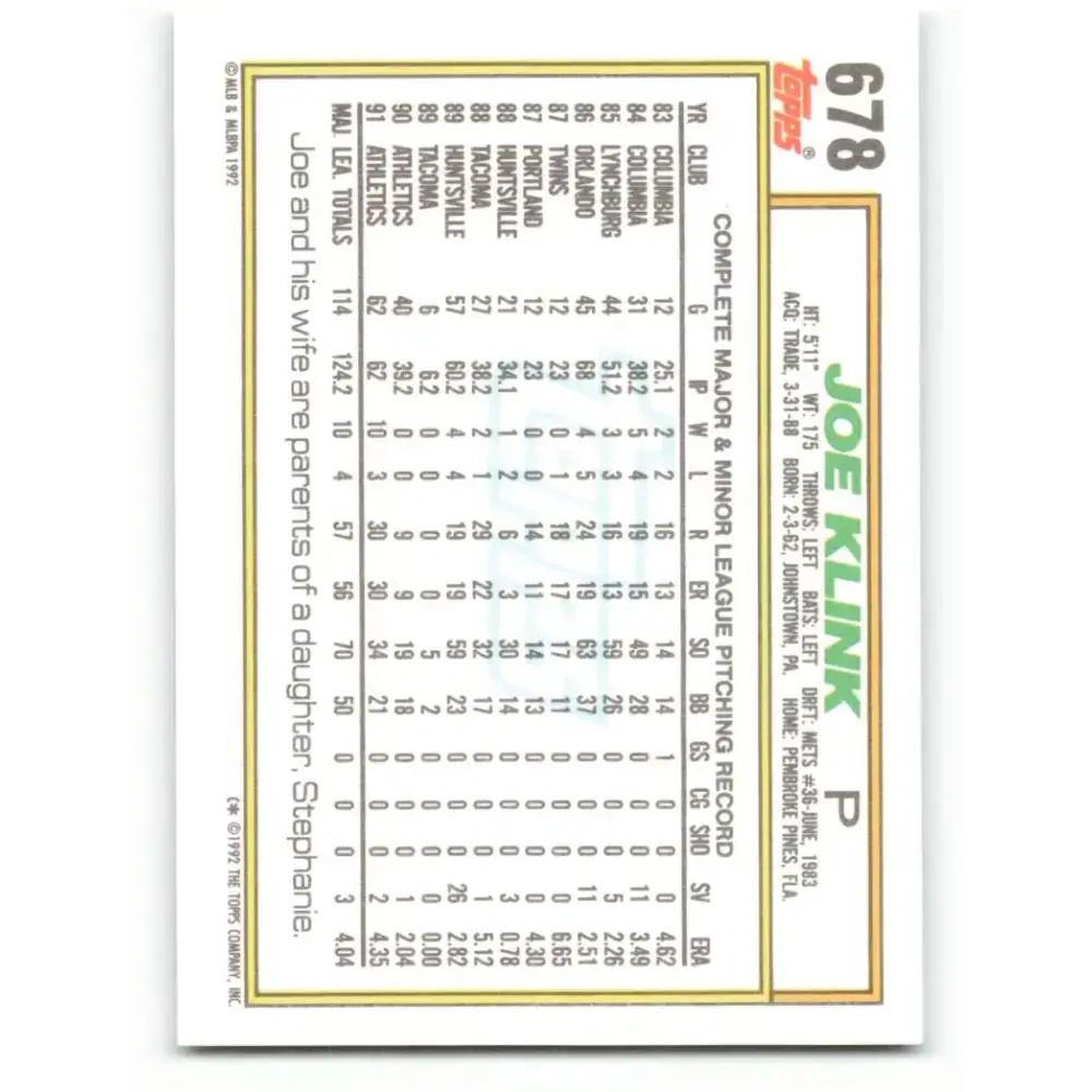 1992 Topps #678 Joe Klink NM-MT Oakland Athletics Baseball Card - Baseball Card Single