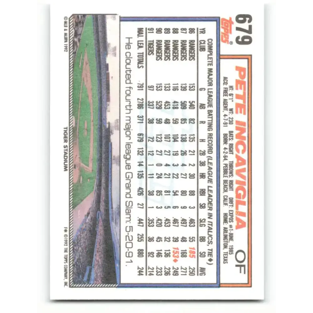 1992 Topps #679 Pete Incaviglia NM-MT Detroit Tigers Baseball Card - Baseball Card Single
