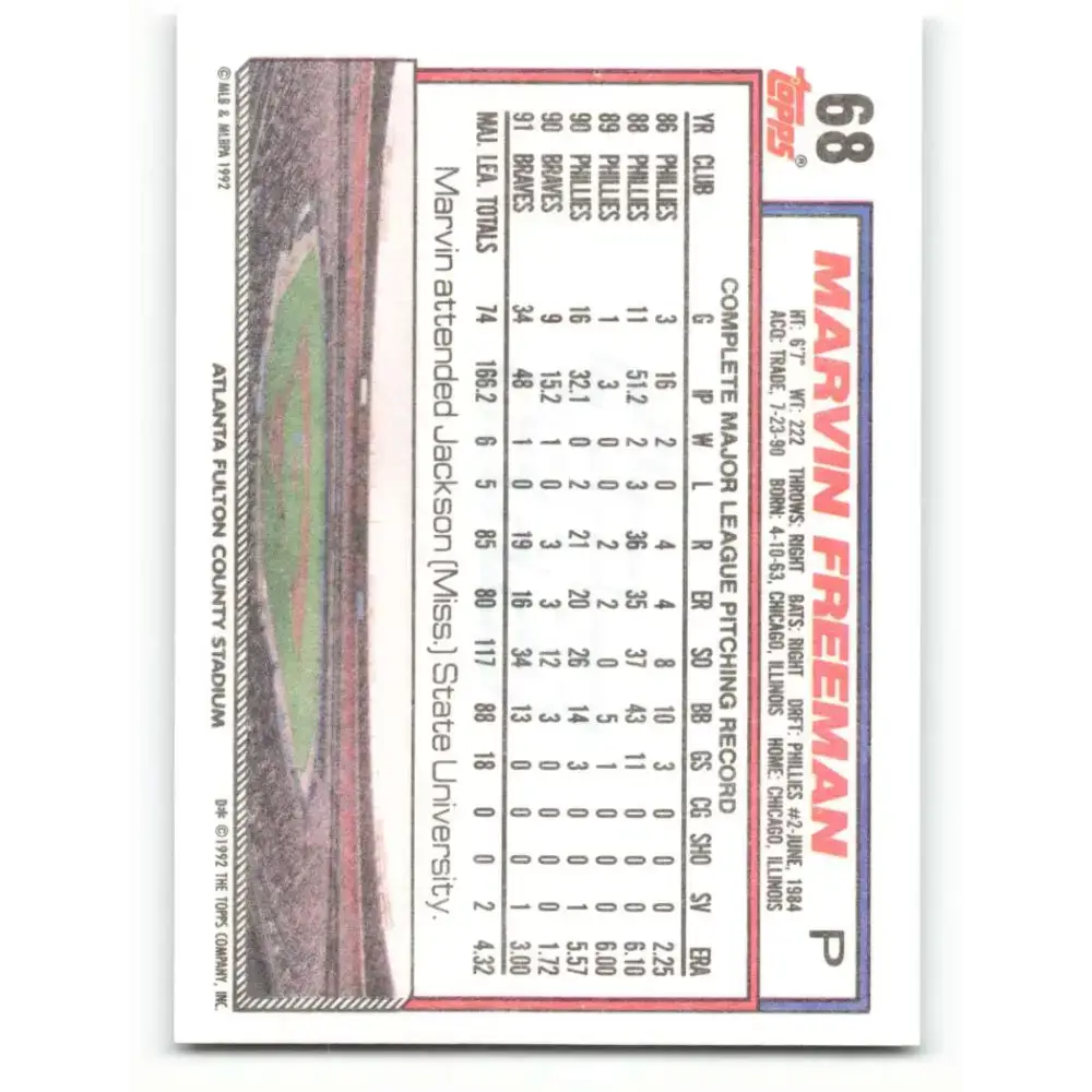 1992 Topps #68 Marvin Freeman NM-MT Atlanta Braves Baseball Card - Baseball Card Single