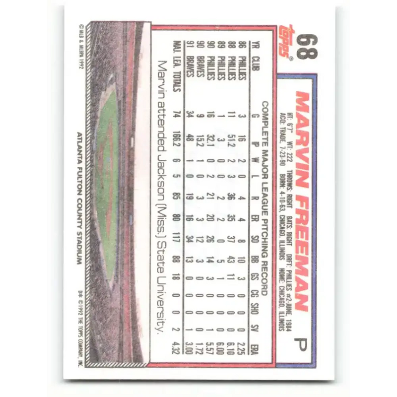 1992 Topps #68 Marvin Freeman NM-MT Atlanta Braves Baseball Card - Baseball Card Single