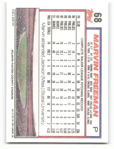 Baseball card back featuring original gloss of Marvin Freeman NM-MT from 1992 Topps