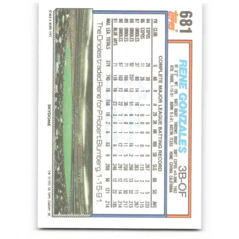 1992 Topps #681 Rene Gonzales NM-MT Toronto Blue Jays Baseball Card - Baseball Card Single