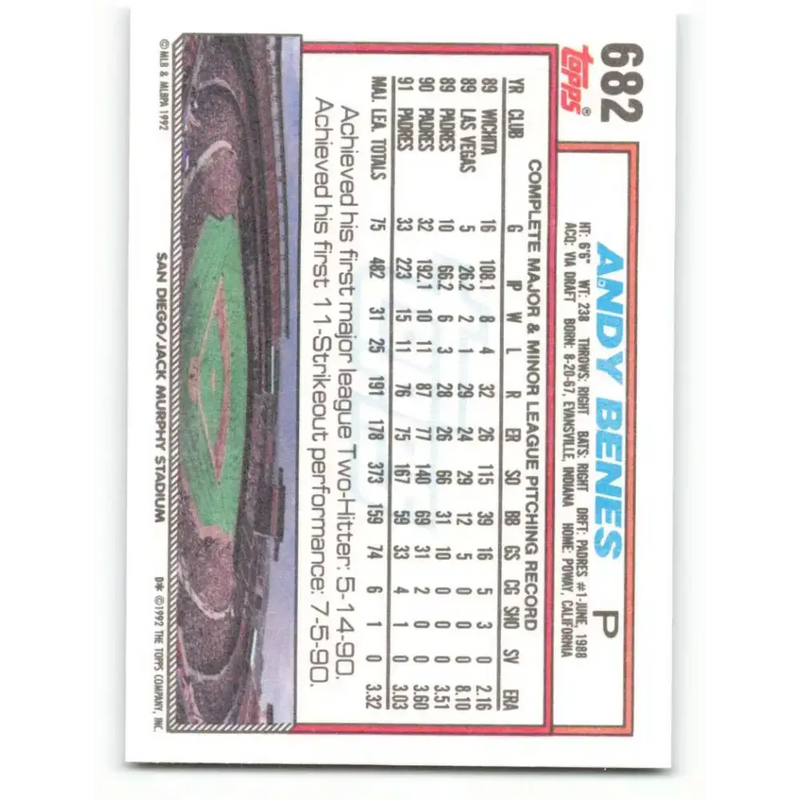 1992 Topps #682 Andy Benes NM-MT San Diego Padres Baseball Card - Baseball Card Single