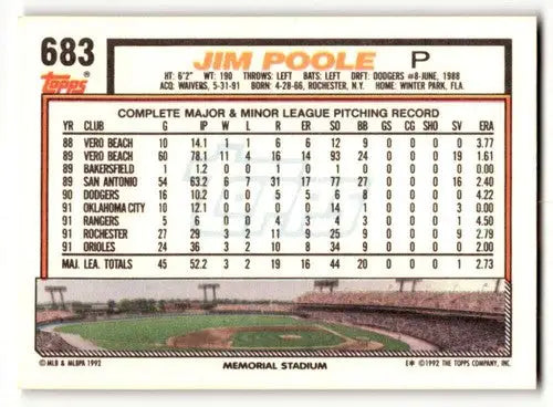 1992 Topps #683 Jim Poole Baltimore Orioles Baseball Cards EX/NM ID:61132 - Baseball Card Single