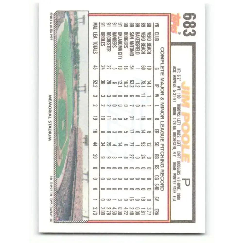 1992 Topps #683 Jim Poole NM-MT Baltimore Orioles Baseball Card - Baseball Card Single