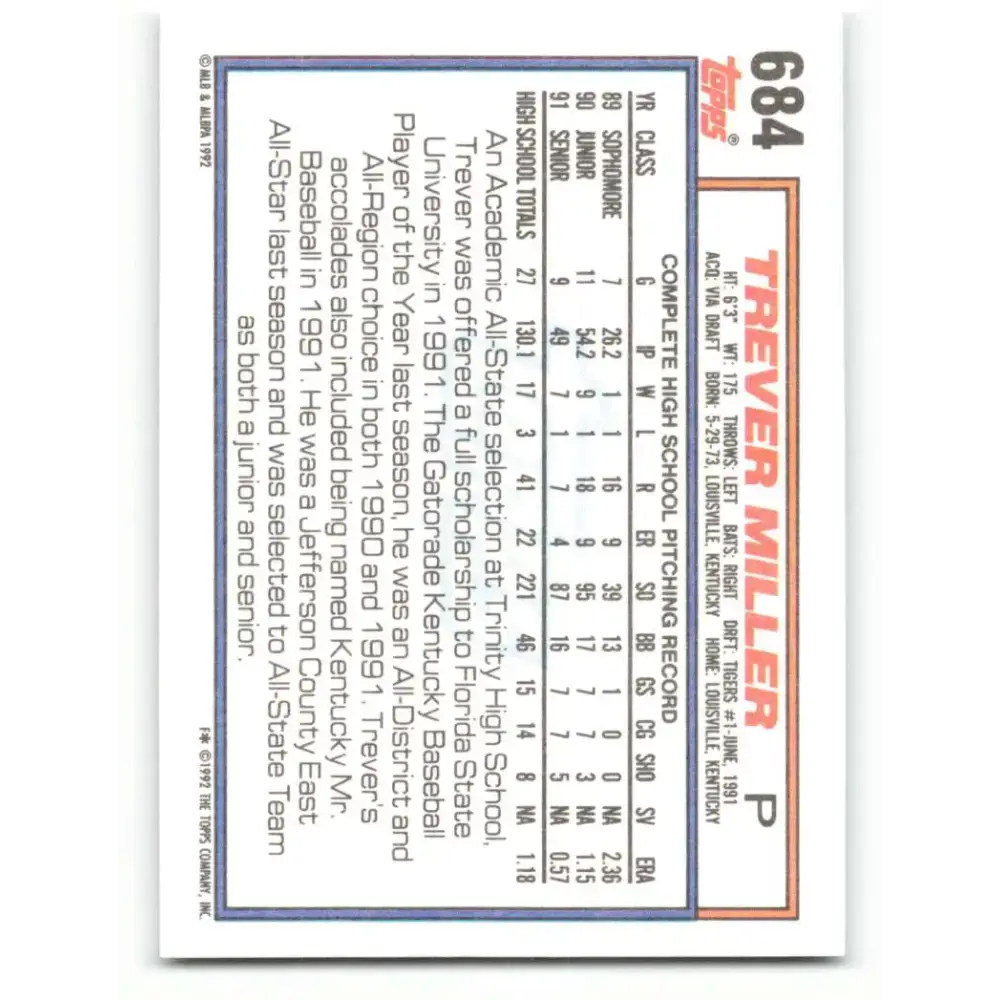 1992 Topps #684 Trever Miller NM-MT RC Rookie Detroit Tigers Baseball Card - Baseball Card Single