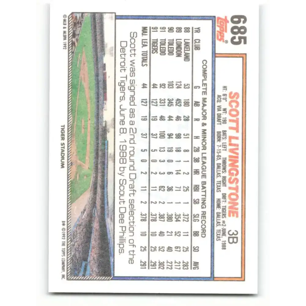 1992 Topps #685 Scott Livingstone NM-MT Detroit Tigers Baseball Card