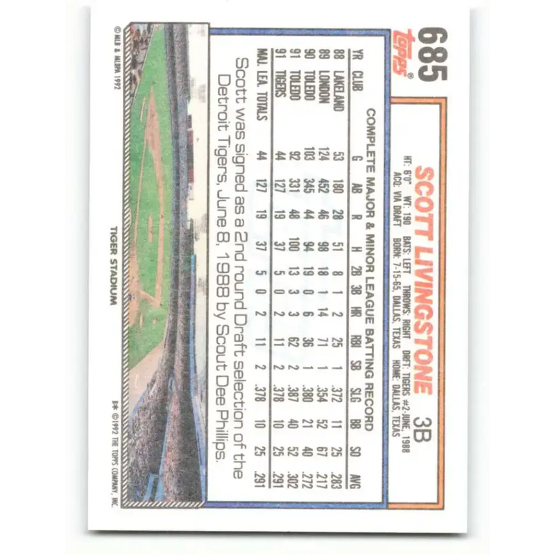 1992 Topps #685 Scott Livingstone NM-MT Detroit Tigers Baseball Card