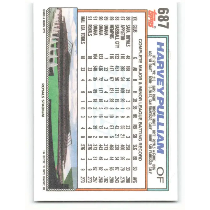 1992 Topps #687 Harvey Pulliam NM-MT Kansas City Royals Baseball Card - Baseball Card Single