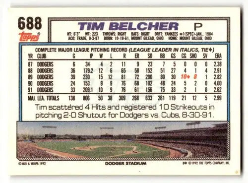 1992 Topps Tim Belcher Los Angeles Dodgers baseball card, EX/NM condition