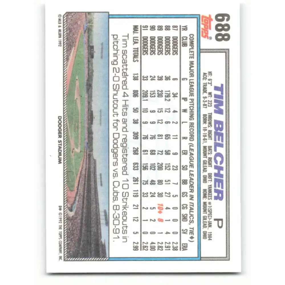 1992 Topps #688 Tim Belcher NM-MT Los Angeles Dodgers Baseball Card - Baseball Card Single