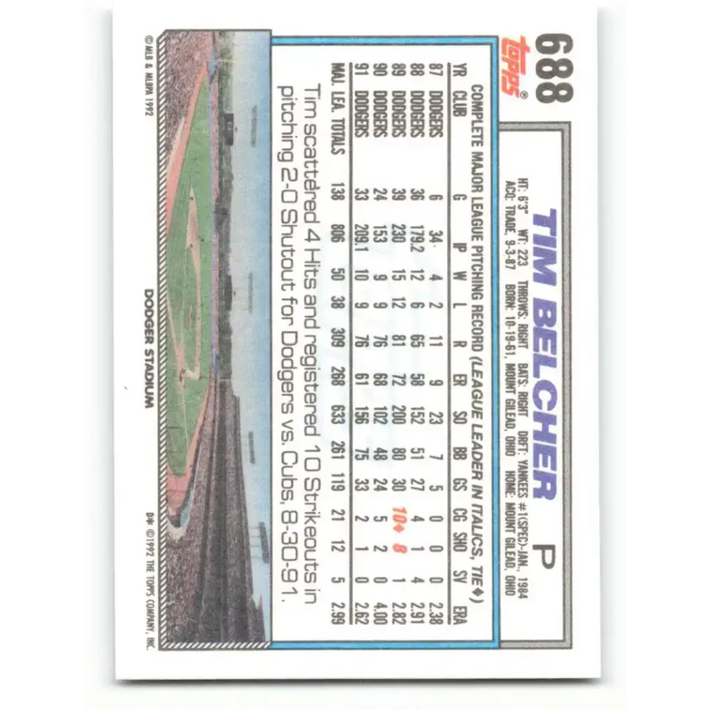 1992 Topps #688 Tim Belcher NM-MT Los Angeles Dodgers Baseball Card - Baseball Card Single