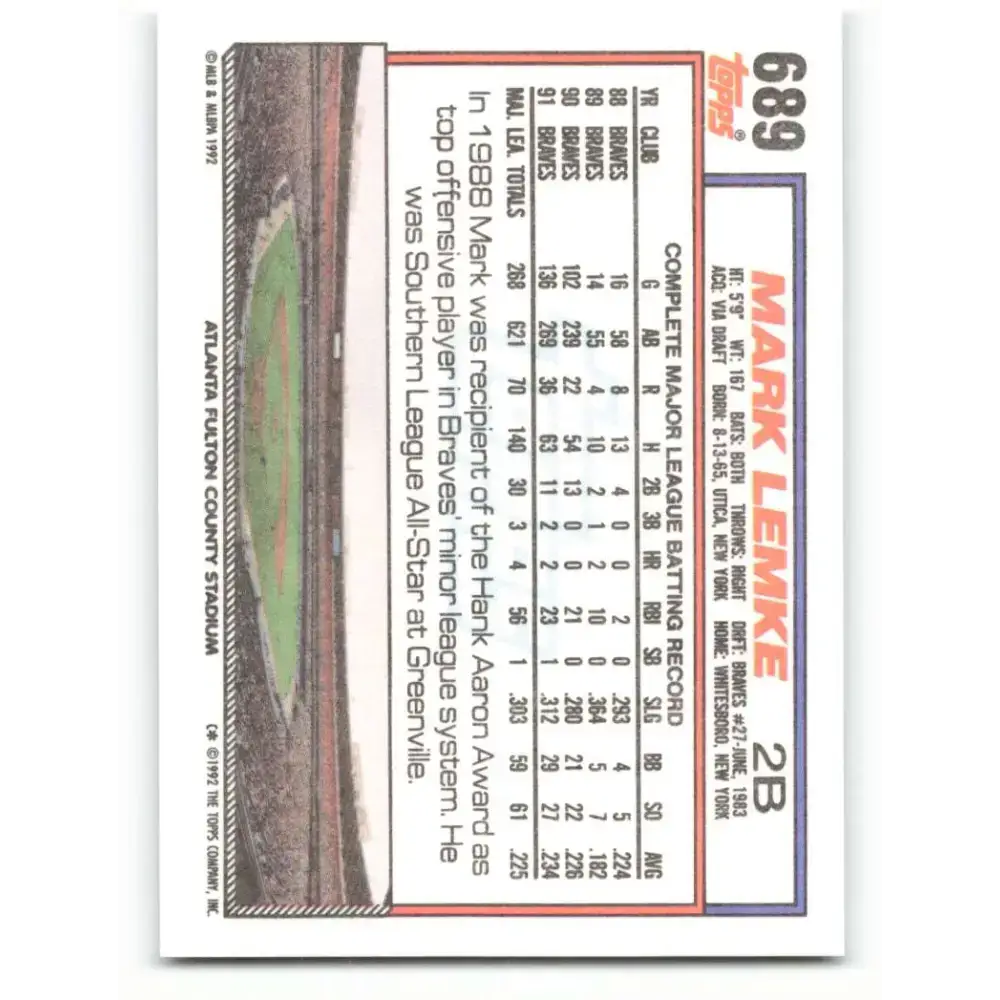 1992 Topps #689 Mark Lemke NM-MT Atlanta Braves Baseball Card - Baseball Card Single