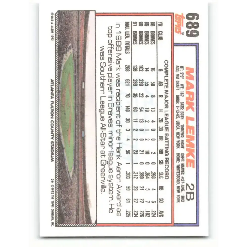 1992 Topps #689 Mark Lemke NM-MT Atlanta Braves Baseball Card - Baseball Card Single