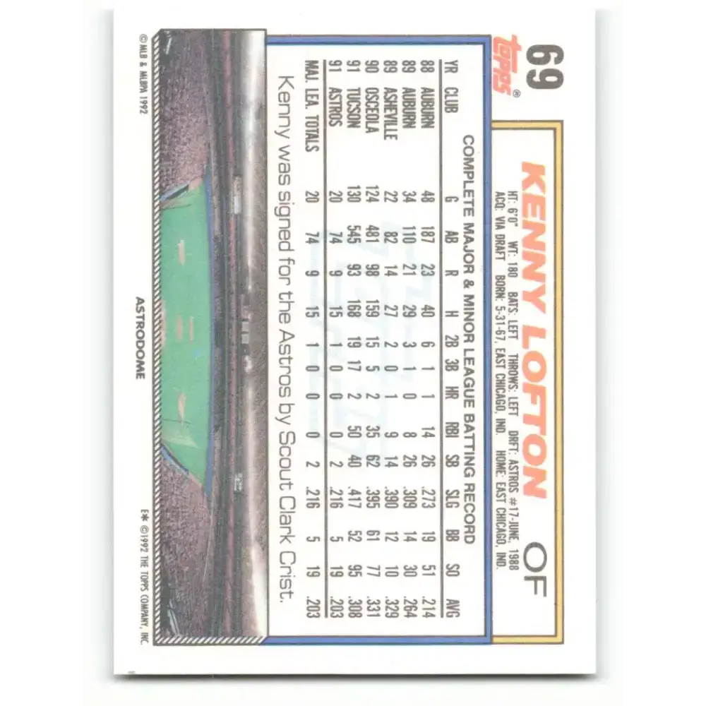 1992 Topps #69 Kenny Lofton NM-MT Houston Astros Baseball Card - Baseball Card Single