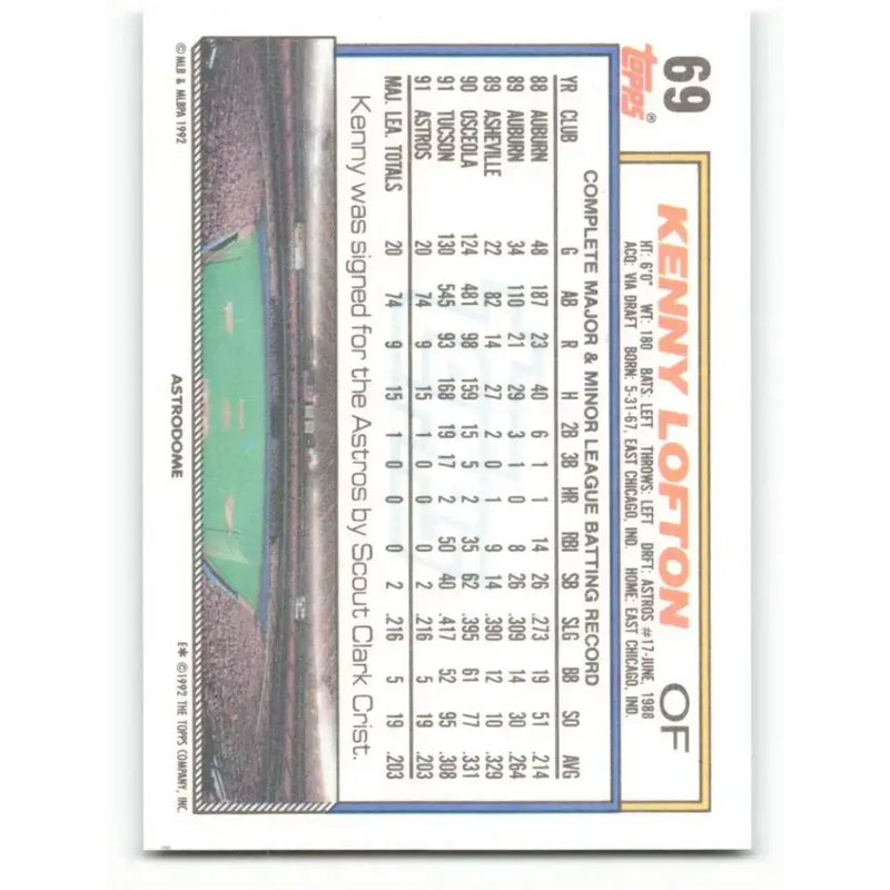 1992 Topps #69 Kenny Lofton NM-MT Houston Astros Baseball Card - Baseball Card Single