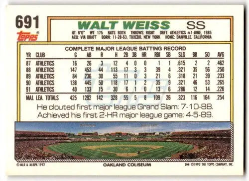 Original gloss Walt Weiss baseball card from 1992 Topps #691 NM-MT Athletics