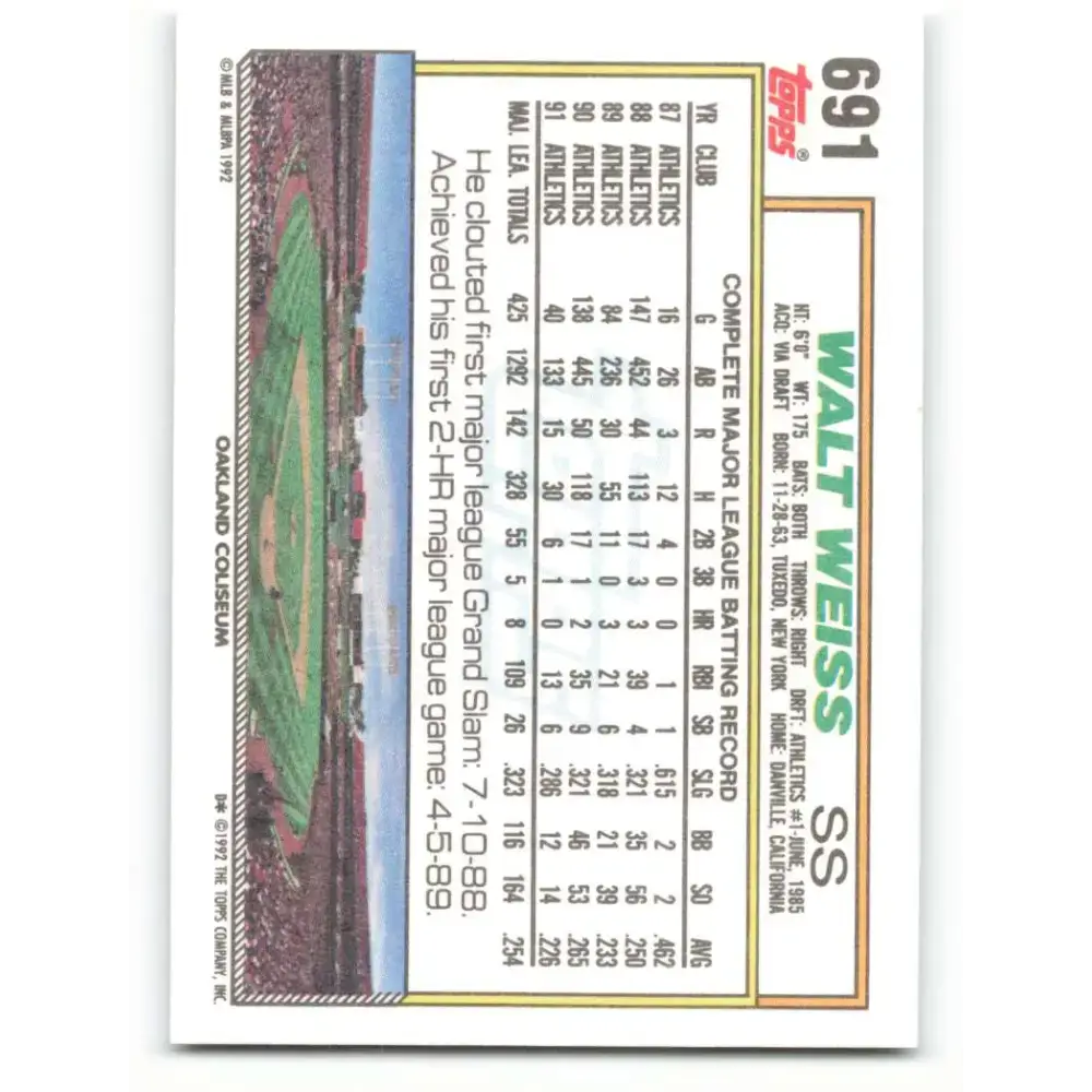 1992 Topps #691 Walt Weiss NM-MT Oakland Athletics Baseball Card - Baseball Card Single