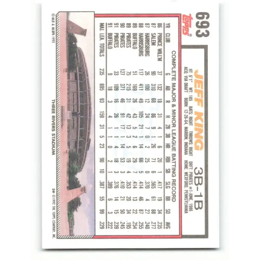 1992 Topps #693 Jeff King EX Excellent Pittsburgh Pirates Baseball Card - Baseball Card