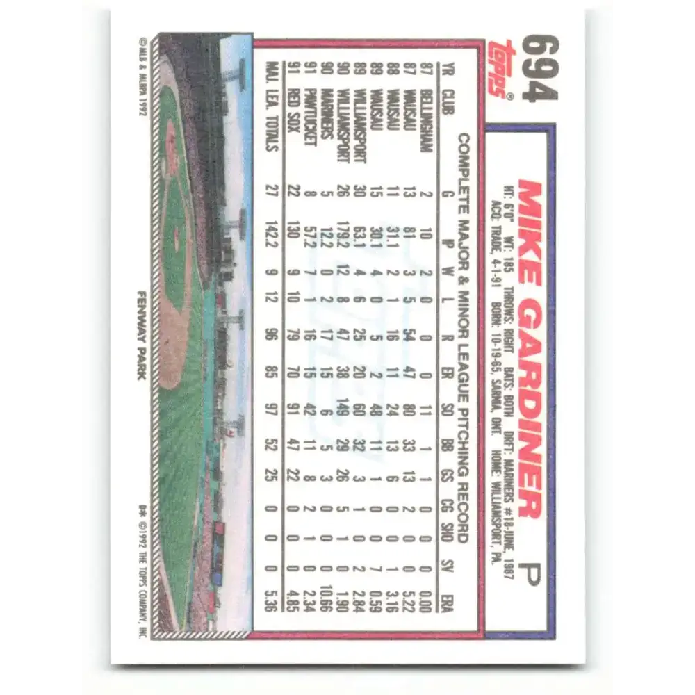 1992 Topps #694 Mike Gardiner NM-MT Boston Red Sox Baseball Card - Baseball Card Single