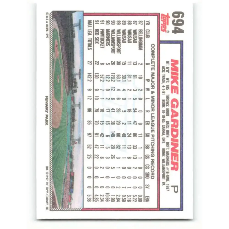 1992 Topps #694 Mike Gardiner NM-MT Boston Red Sox Baseball Card - Baseball Card Single