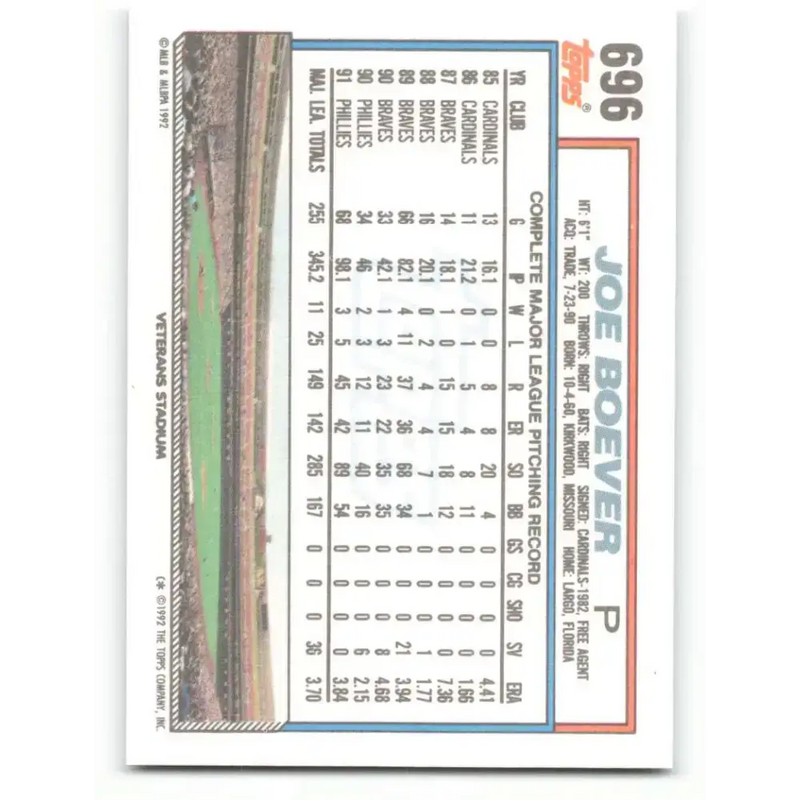 1992 Topps #696 Joe Boever NM-MT Philadelphia Phillies Baseball Card - Baseball Card Single
