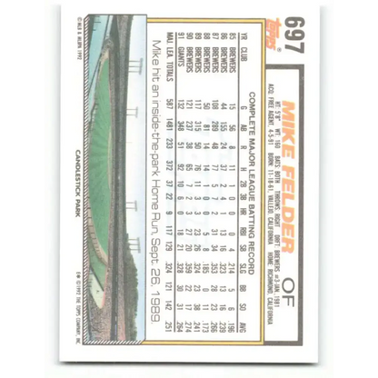 1992 Topps #697 Mike Felder EX Excellent San Francisco Giants Baseball Card - Baseball Card