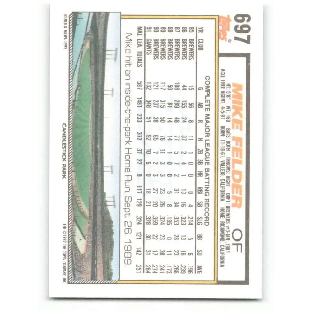 1992 Topps #697 Mike Felder NM-MT San Francisco Giants Baseball Card - Baseball Card Single