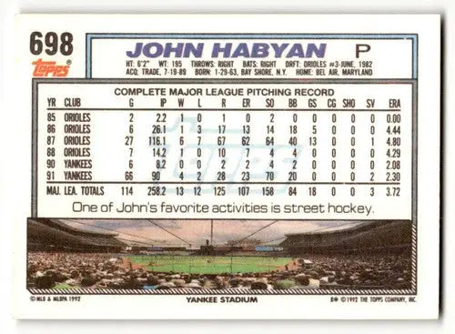1992 Topps #698 John Habyan New York Yankees Baseball Cards EX/NM ID:55808 - Baseball Card Single