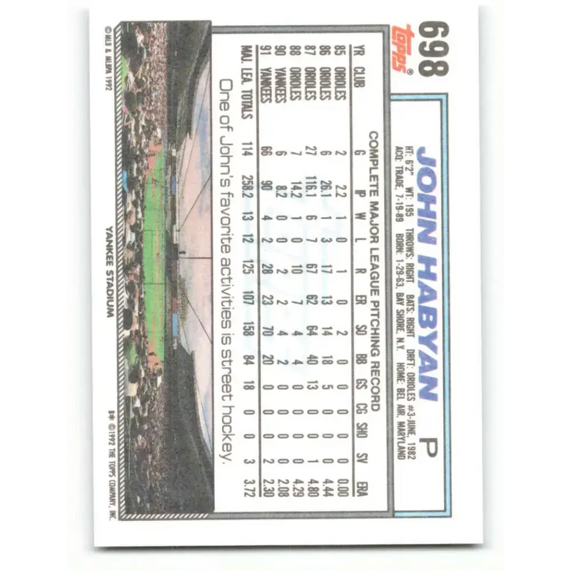 1992 Topps #698 John Habyan NM-MT New York Yankees Baseball Card - Baseball Card Single