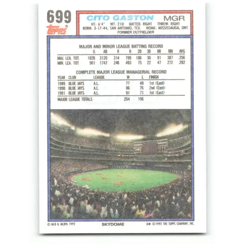1992 Topps #699 Cito Gaston NM-MT Toronto Blue Jays Baseball Card - Baseball Card Single