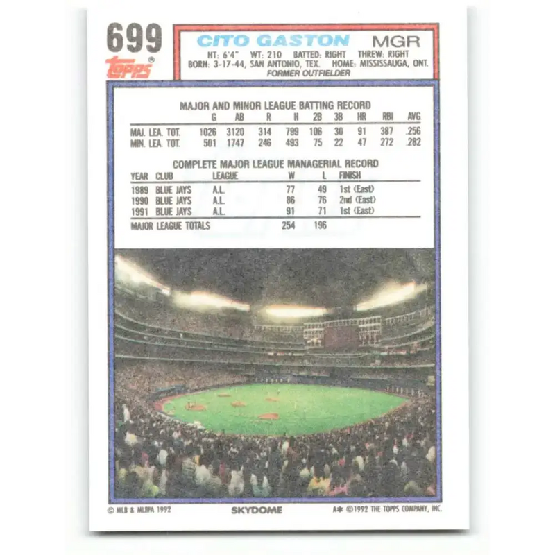 1992 Topps #699 Cito Gaston NM-MT Toronto Blue Jays Baseball Card - Baseball Card Single