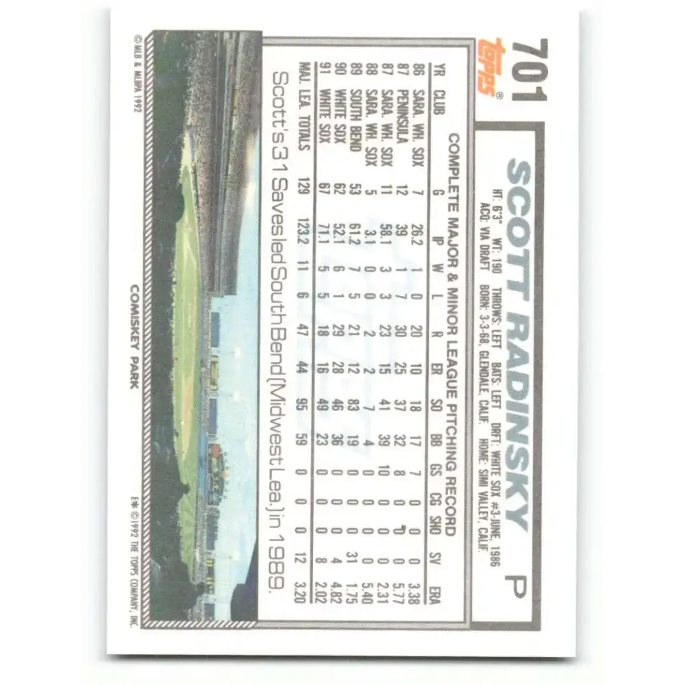 1992 Topps #701 Scott Radinsky EX Excellent Chicago White Sox Baseball Card - Baseball Card