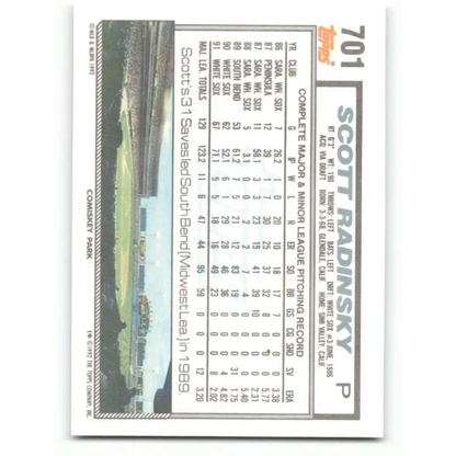 1992 Topps #701 Scott Radinsky EX Excellent Chicago White Sox Baseball Card - Baseball Card