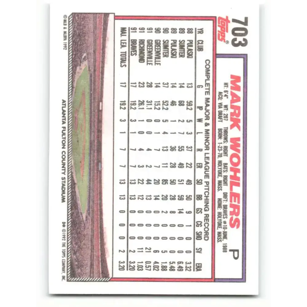 1992 Topps #703 Mark Wohlers NM-MT Atlanta Braves Baseball Card - Baseball Card Single