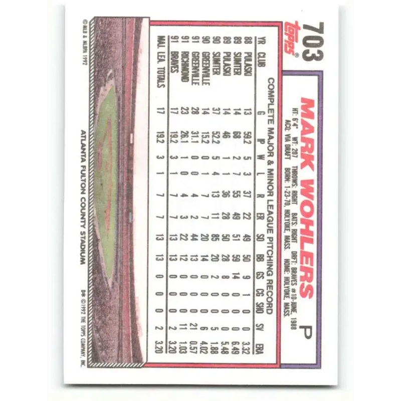 1992 Topps #703 Mark Wohlers NM-MT Atlanta Braves Baseball Card - Baseball Card Single