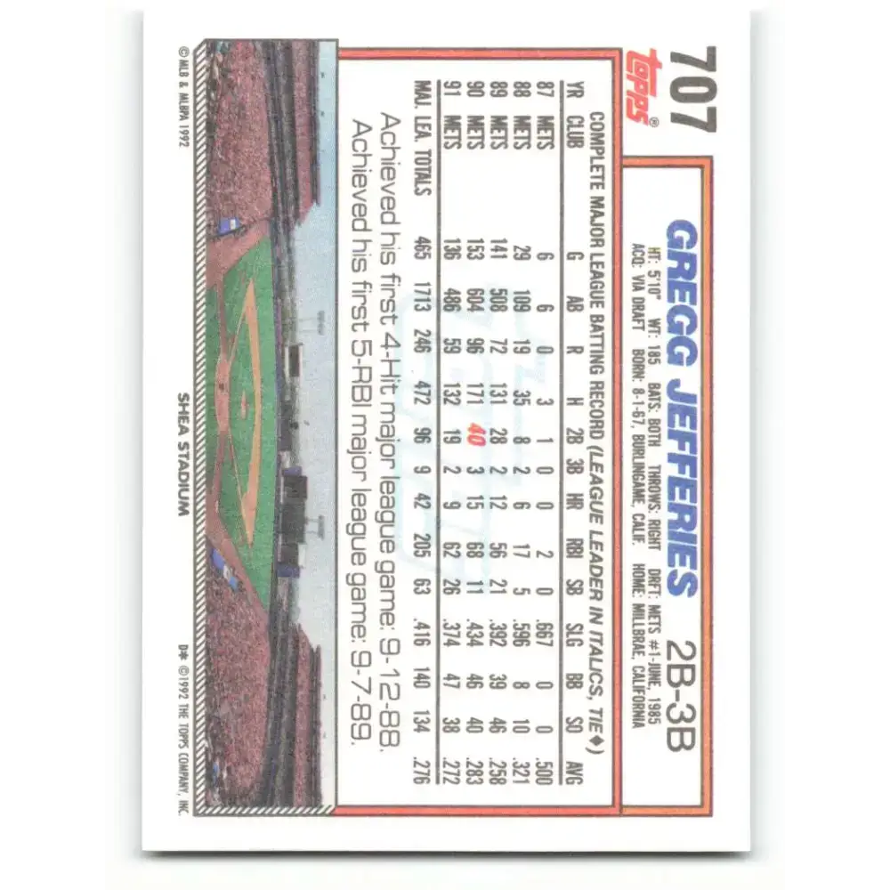 1992 Topps #707 Gregg Jefferies NM-MT New York Mets Baseball Card - Baseball Card Single