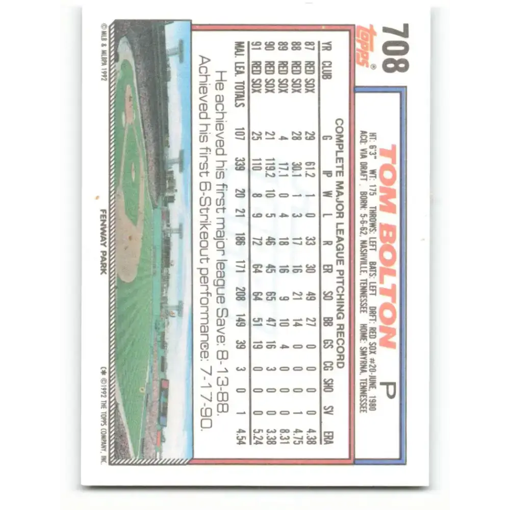 1992 Topps #708 Tom Bolton NM-MT Boston Red Sox Baseball Card - Baseball Card Single