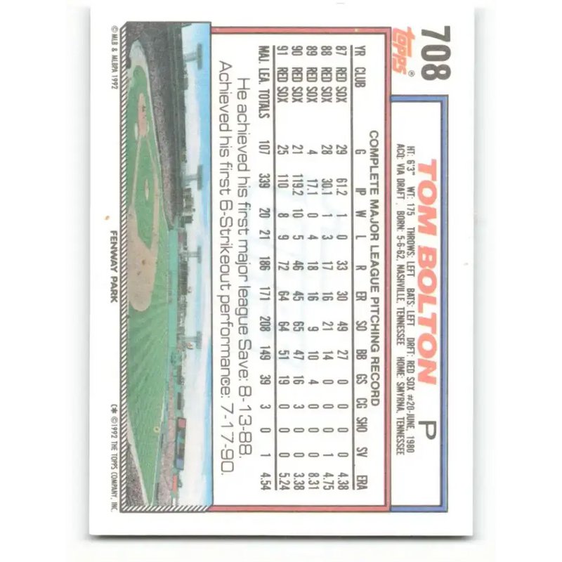 1992 Topps #708 Tom Bolton NM-MT Boston Red Sox Baseball Card - Baseball Card Single