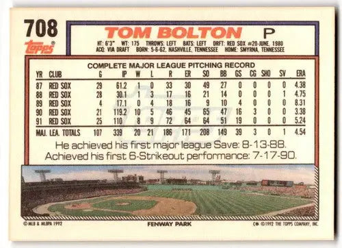 Tom Bolton baseball card with original gloss from 1992 Topps #708, Near Mint score