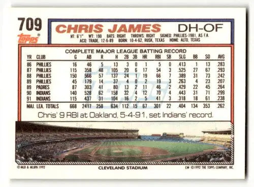 1992 Topps #709 Chris James Cleveland Indians Baseball Cards EX/NM ID:55812 - Baseball Card Single