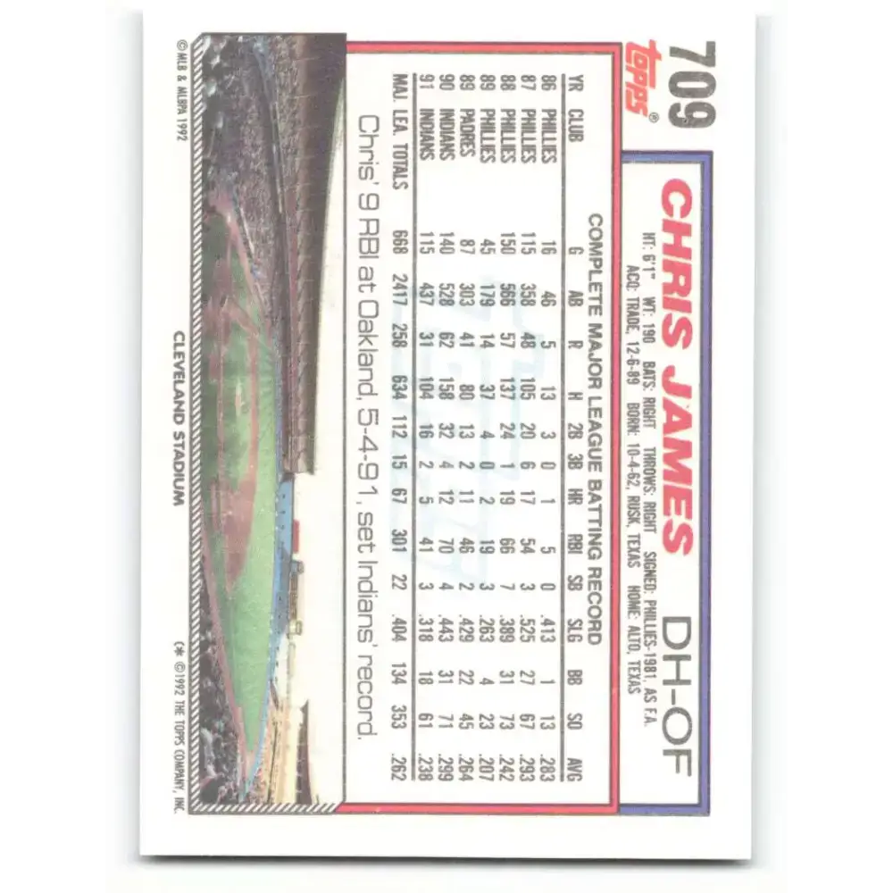 1992 Topps #709 Chris James NM-MT Cleveland Indians Baseball Card - Baseball Card Single