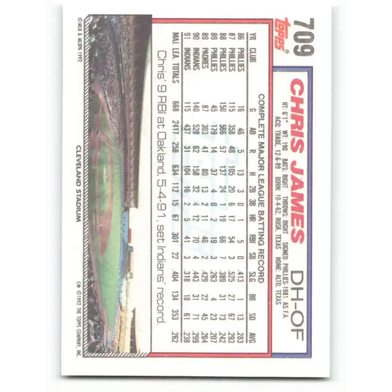 1992 Topps #709 Chris James NM-MT Cleveland Indians Baseball Card - Baseball Card Single