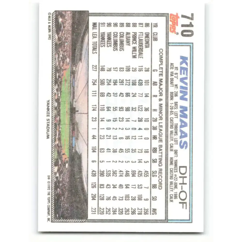 1992 Topps #710 Kevin Maas NM-MT New York Yankees Baseball Card - Baseball Card Single