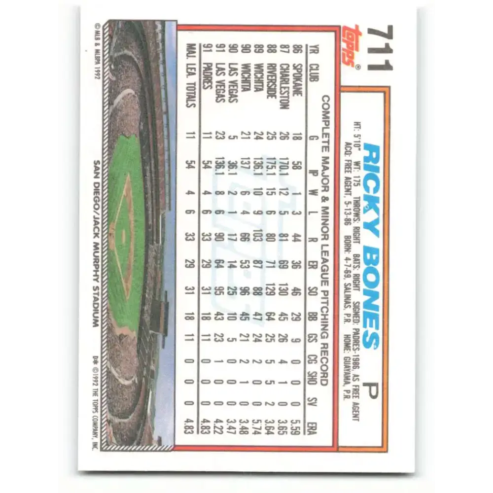 1992 Topps #711 Ricky Bones NM-MT San Diego Padres Baseball Card - Baseball Card Single