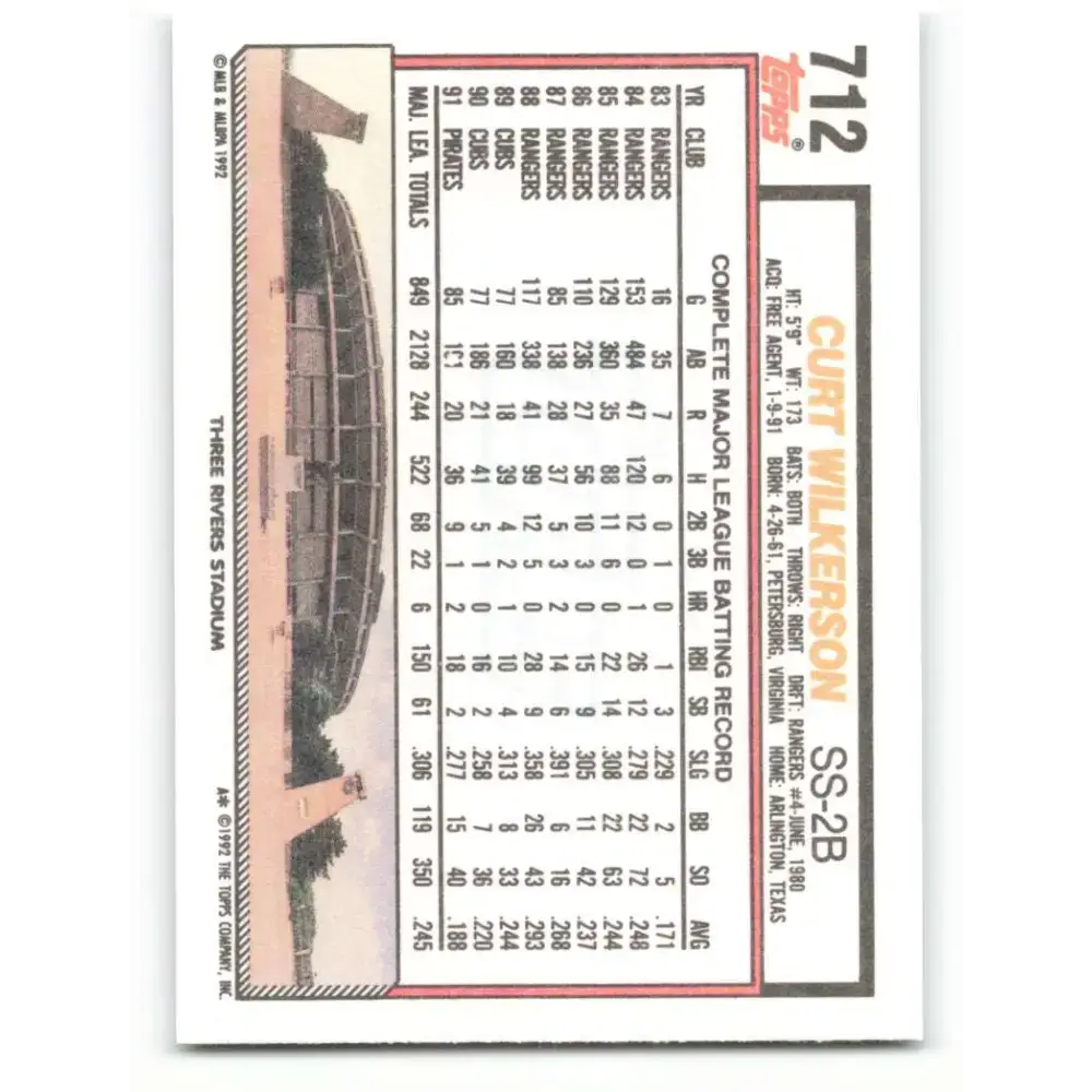 1992 Topps #712 Curtis Wilkerson NM-MT Pittsburgh Pirates Baseball Card - Baseball Card Single