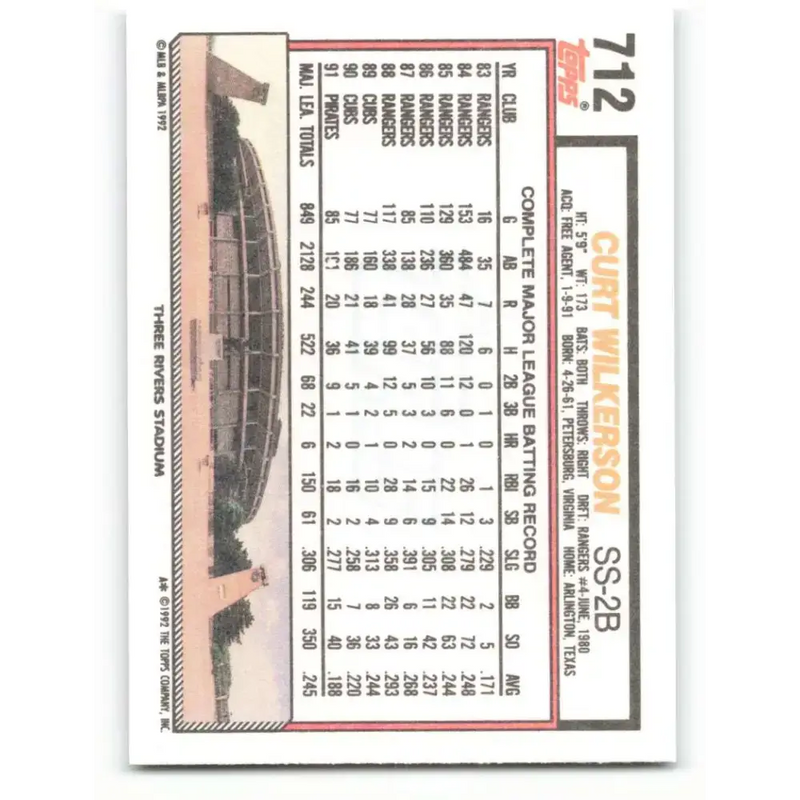 1992 Topps #712 Curtis Wilkerson NM-MT Pittsburgh Pirates Baseball Card - Baseball Card Single